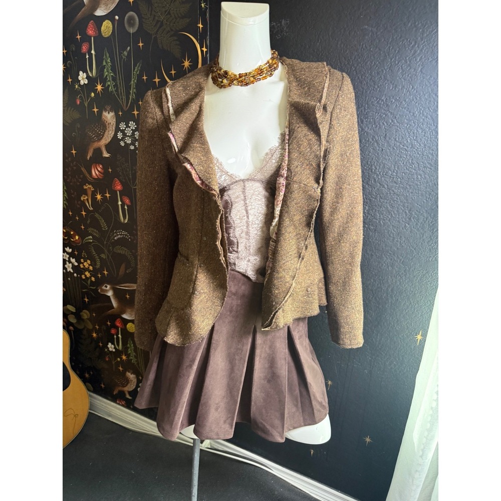 Coldwater Creek Brown Tweed Ruffle Blazer Paisley Lining Metallic Gold 14